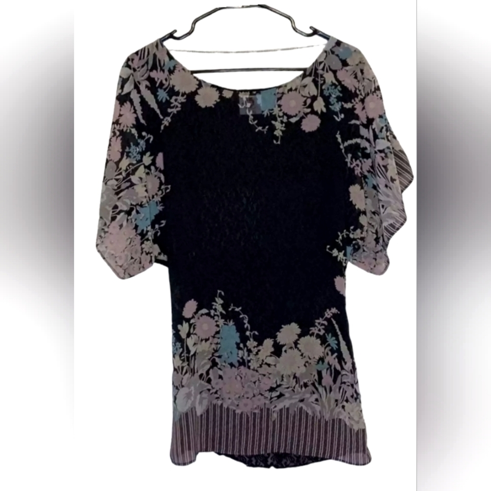Free People Floral Lace Back Semi Sheer Dolman Sleeve Tunic Top